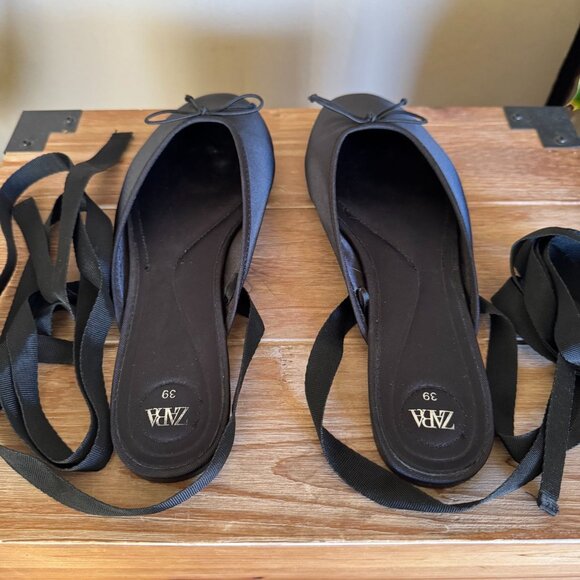 Zara Black Satin Mule Ankle Wrap Bow Detail Minimalist Ballet Flat Size 39 / 8 - Picture 10 of 15